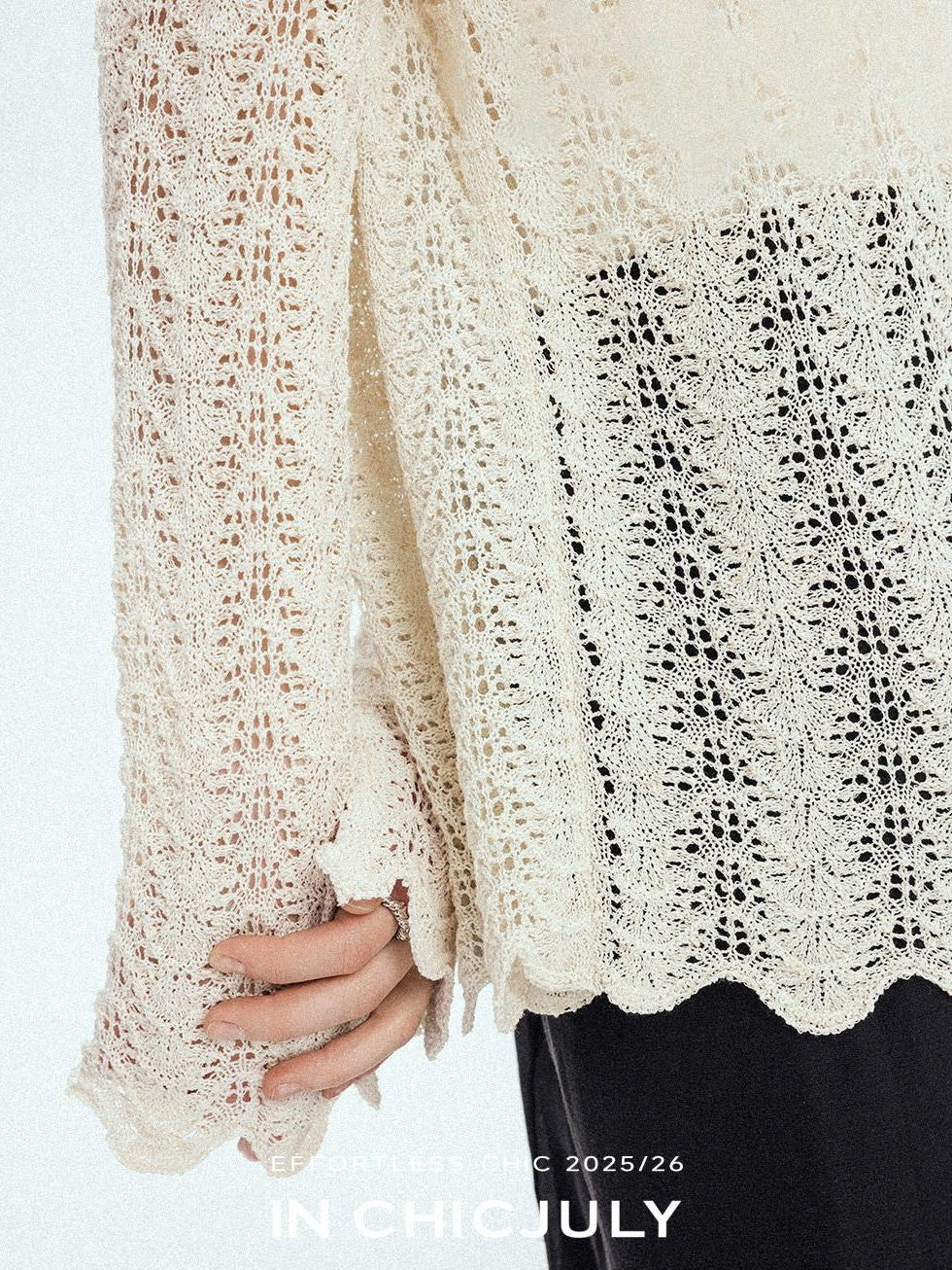 chicjuly Intricate Eyelet Knit Boxy Women's Linen Blend Long Sleeve T-shirts