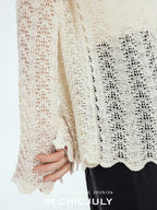 chicjuly Intricate Eyelet Knit Boxy Women's Linen Blend Long Sleeve T-shirts