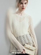chicjuly Intricate Eyelet Knit Boxy Women's Linen Blend Long Sleeve T-shirts