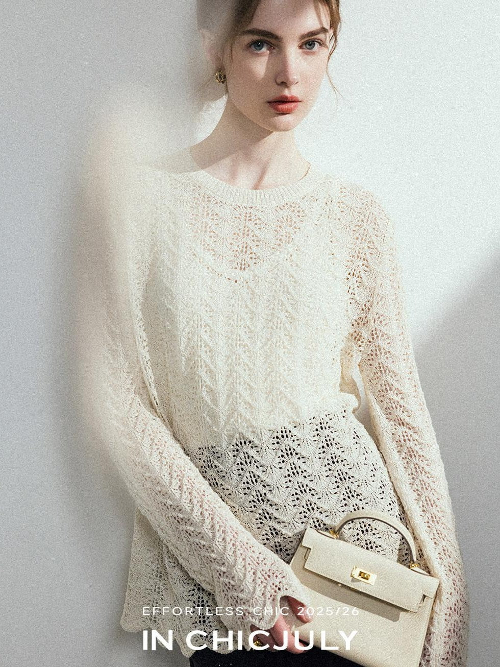 chicjuly Intricate Eyelet Knit Boxy Women's Linen Blend Long Sleeve T-shirts