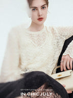chicjuly Intricate Eyelet Knit Boxy Women's Linen Blend Long Sleeve T-shirts