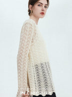 chicjuly Intricate Eyelet Knit Boxy Women's Linen Blend Long Sleeve T-shirts