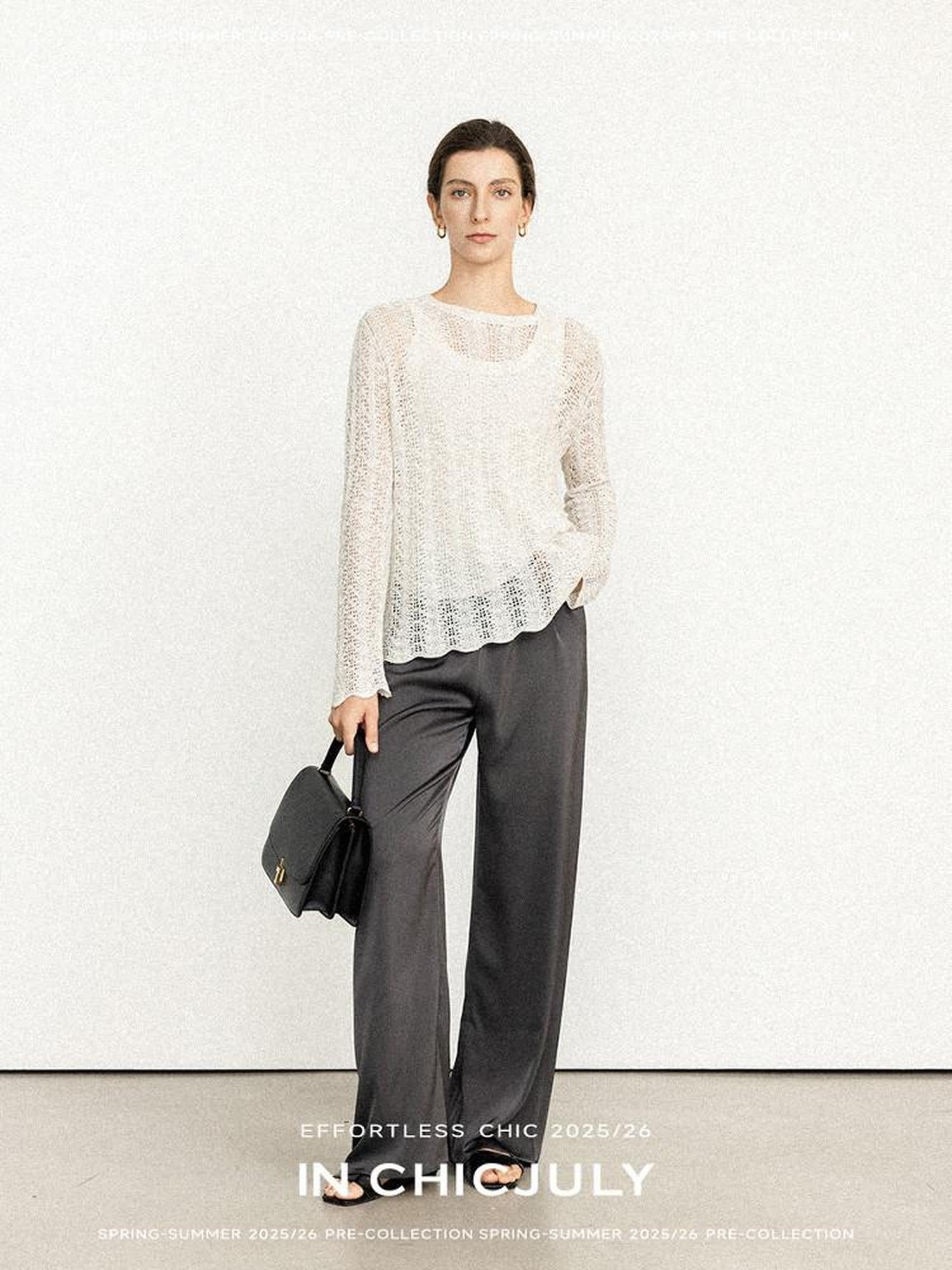 chicjuly Intricate Eyelet Knit Boxy Women's Linen Blend Long Sleeve T-shirts