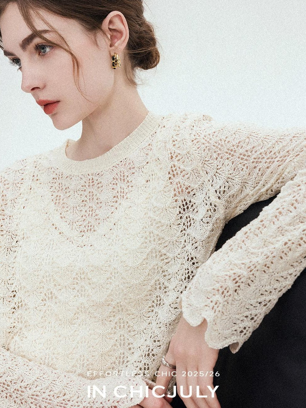 chicjuly Intricate Eyelet Knit Boxy Women's Linen Blend Long Sleeve T-shirts