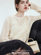 chicjuly Intricate Eyelet Knit Boxy Women's Linen Blend Long Sleeve T-shirts
