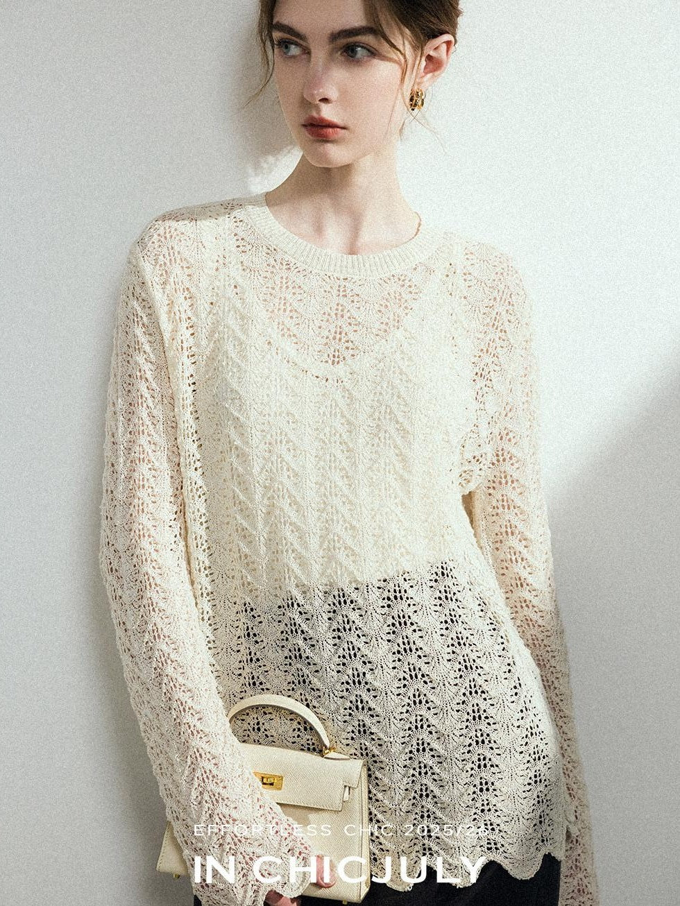 chicjuly Intricate Eyelet Knit Boxy Women's Linen Blend Long Sleeve T-shirts