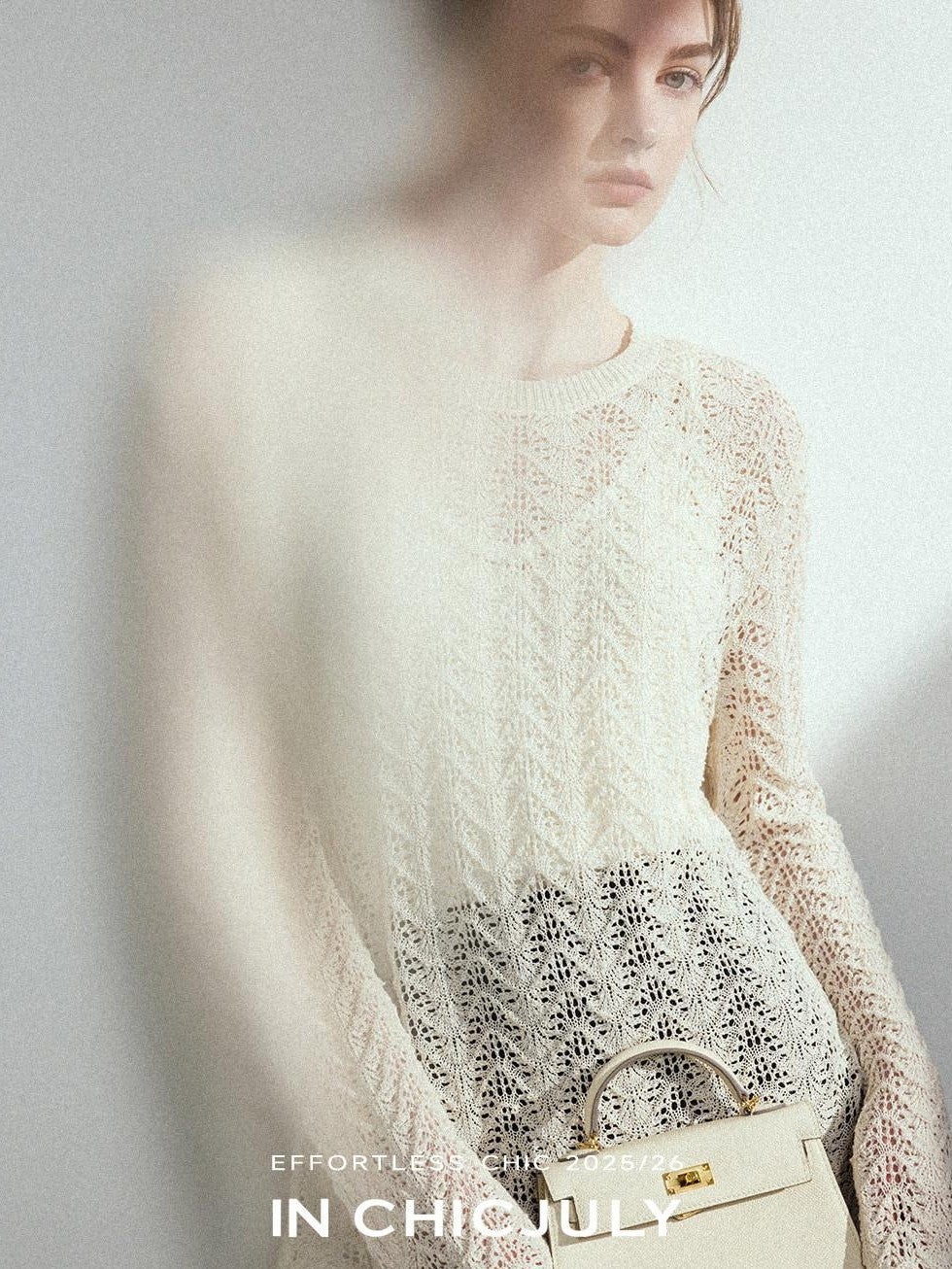 chicjuly Intricate Eyelet Knit Boxy Women's Linen Blend Long Sleeve T-shirts