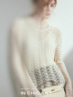 chicjuly Intricate Eyelet Knit Boxy Women's Linen Blend Long Sleeve T-shirts