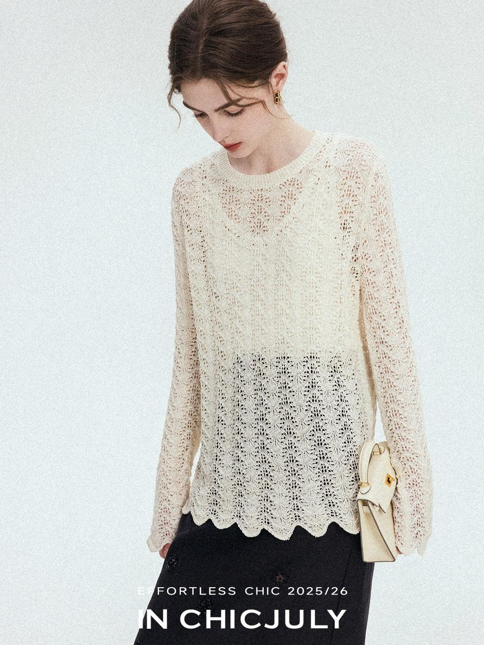 chicjuly Intricate Eyelet Knit Boxy Women's Linen Blend Long Sleeve T-shirts