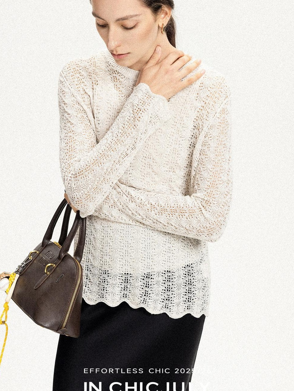 chicjuly Intricate Eyelet Knit Boxy Women's Linen Blend Long Sleeve T-shirts