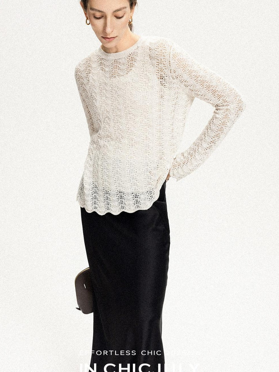 chicjuly Intricate Eyelet Knit Boxy Women's Linen Blend Long Sleeve T-shirts