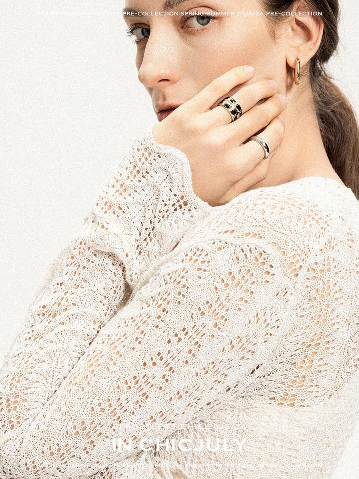 chicjuly Intricate Eyelet Knit Boxy Women's Linen Blend Long Sleeve T-shirts