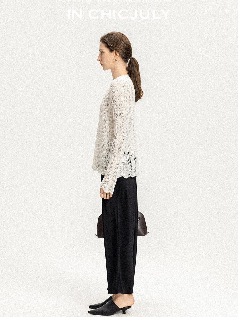 chicjuly Intricate Eyelet Knit Boxy Women's Linen Blend Long Sleeve T-shirts