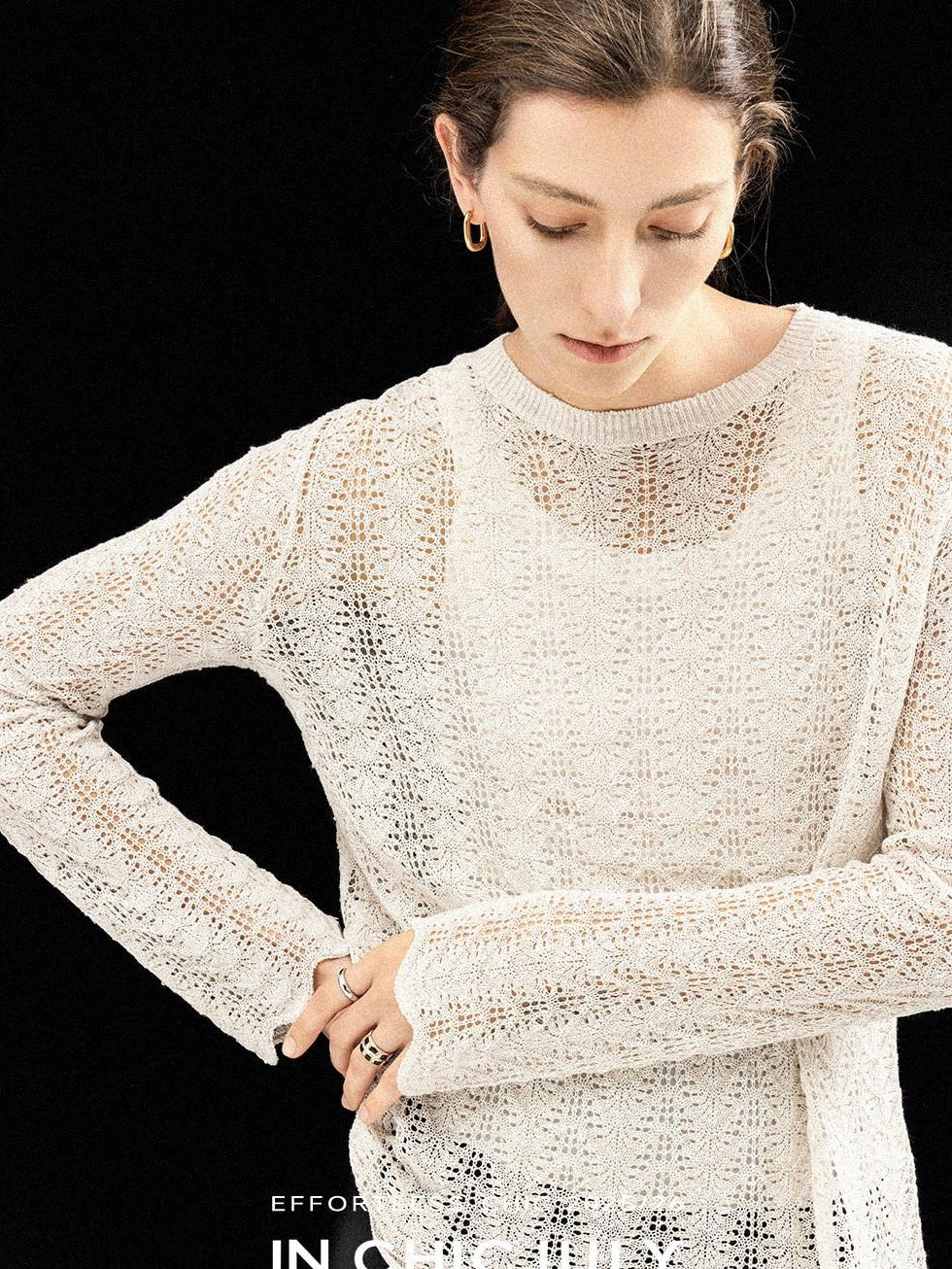 chicjuly Intricate Eyelet Knit Boxy Women's Linen Blend Long Sleeve T-shirts