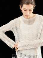 chicjuly Intricate Eyelet Knit Boxy Women's Linen Blend Long Sleeve T-shirts