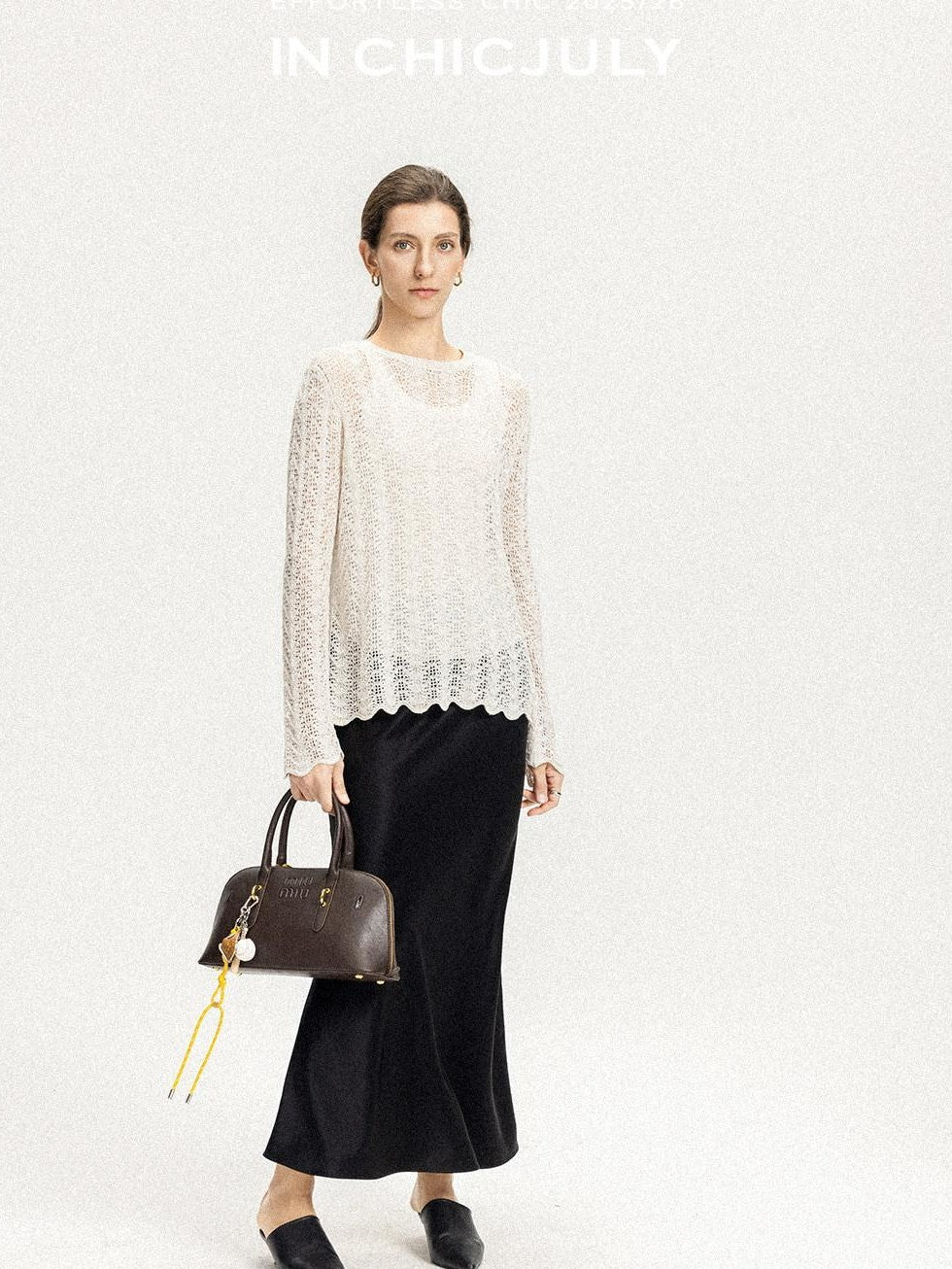 chicjuly Intricate Eyelet Knit Boxy Women's Linen Blend Long Sleeve T-shirts