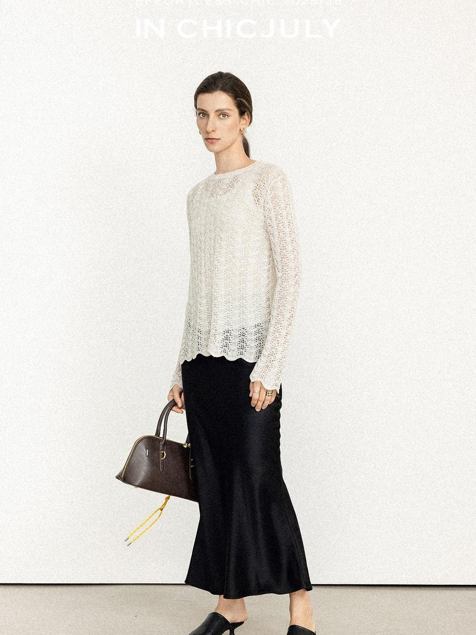 chicjuly Intricate Eyelet Knit Boxy Women's Linen Blend Long Sleeve T-shirts