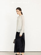 chicjuly Intricate Eyelet Knit Boxy Women's Linen Blend Long Sleeve T-shirts