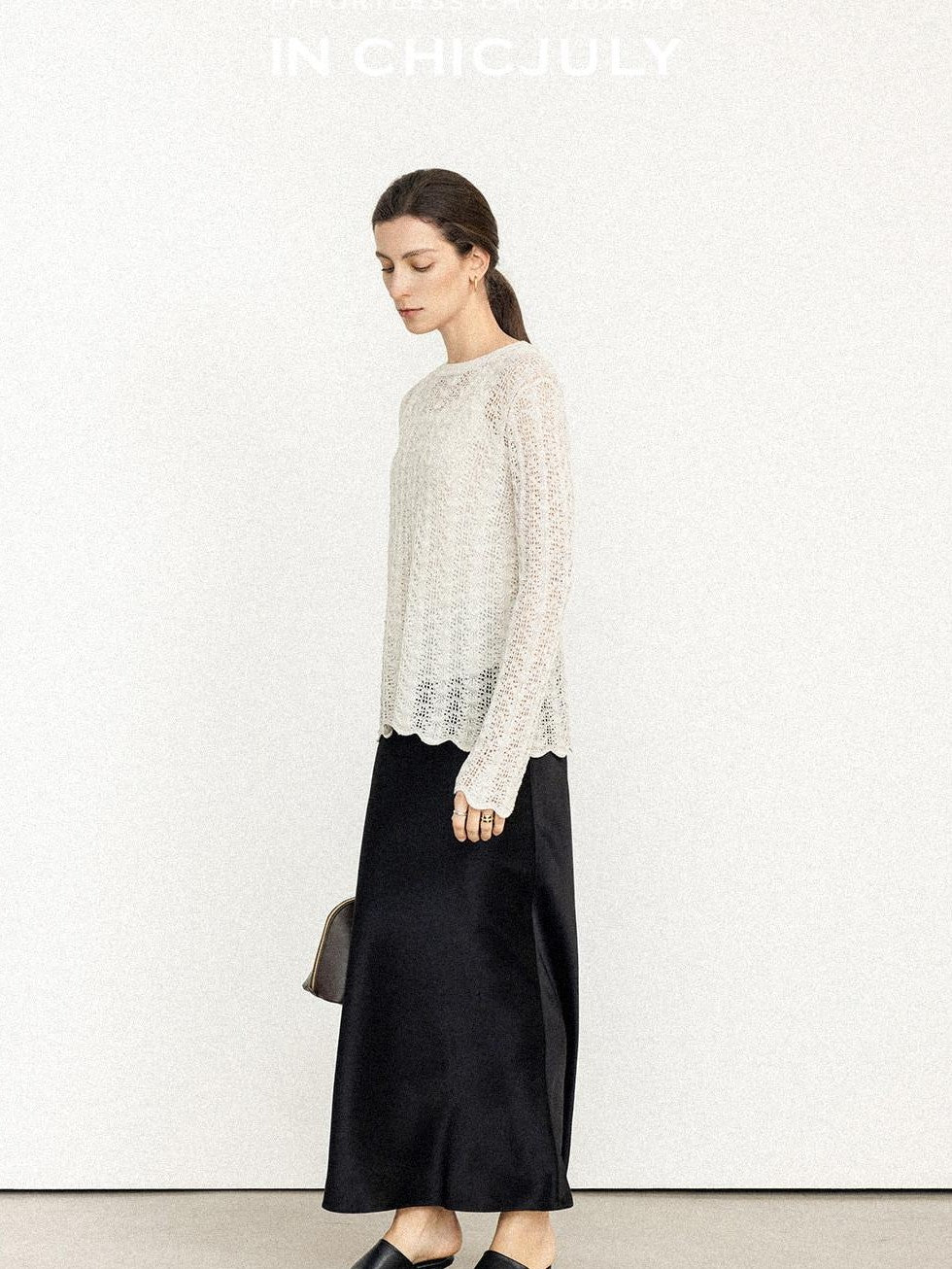 chicjuly Intricate Eyelet Knit Boxy Women's Linen Blend Long Sleeve T-shirts