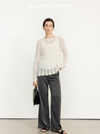 chicjuly Intricate Eyelet Knit Boxy Women's Linen Blend Long Sleeve T-shirts
