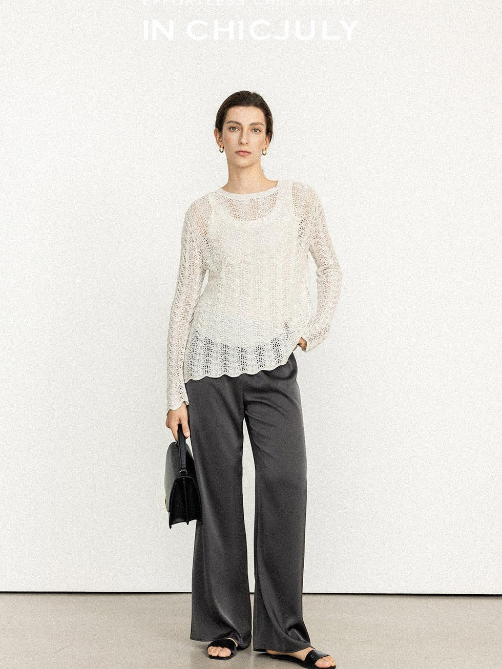 chicjuly Intricate Eyelet Knit Boxy Women's Linen Blend Long Sleeve T-shirts