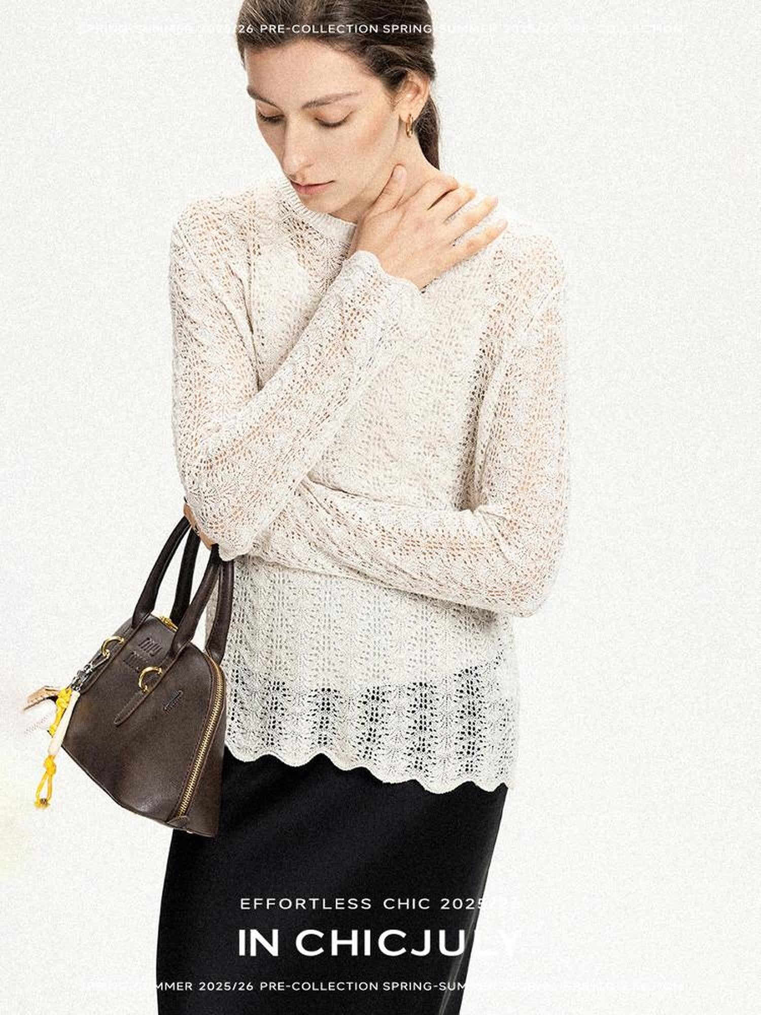 chicjuly Intricate Eyelet Knit Boxy Women's Linen Blend Long Sleeve T-shirts