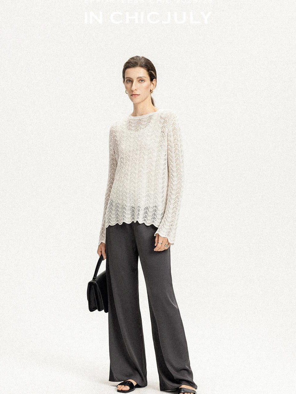 chicjuly Intricate Eyelet Knit Boxy Women's Linen Blend Long Sleeve T-shirts