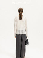 chicjuly Intricate Eyelet Knit Boxy Women's Linen Blend Long Sleeve T-shirts