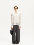 chicjuly Intricate Eyelet Knit Boxy Women's Linen Blend Long Sleeve T-shirts