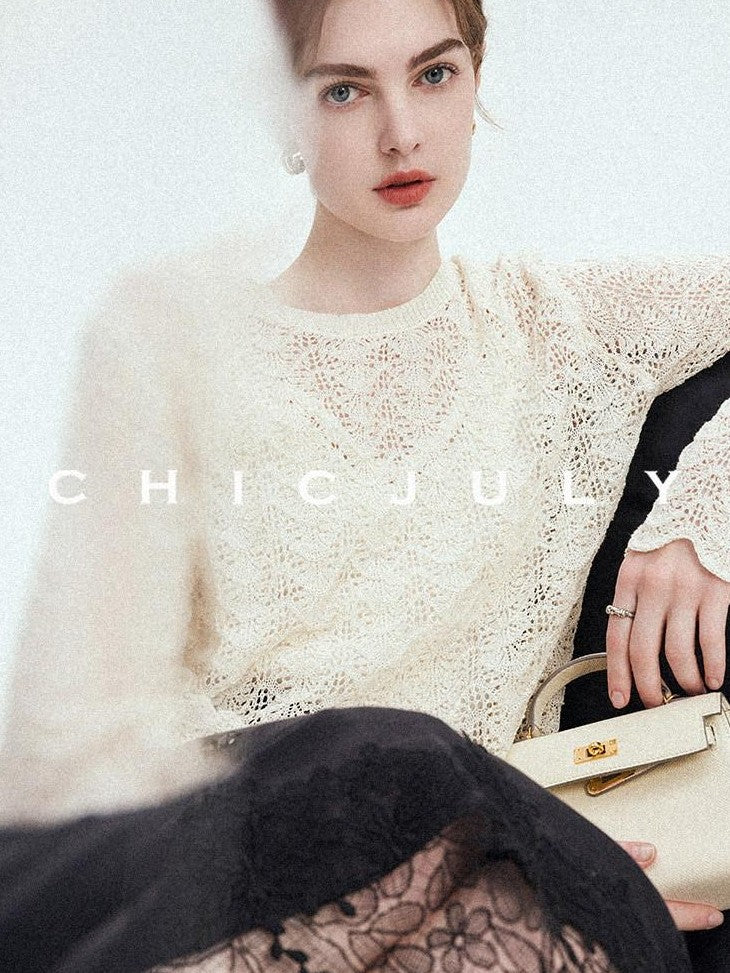 chicjuly Intricate Eyelet Knit Boxy Women's Linen Blend Long Sleeve T-shirts