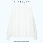 chicjuly Ivory Embroidered Lace Panel French Stand Collar Women's Lyocell Blouses 1039113712747