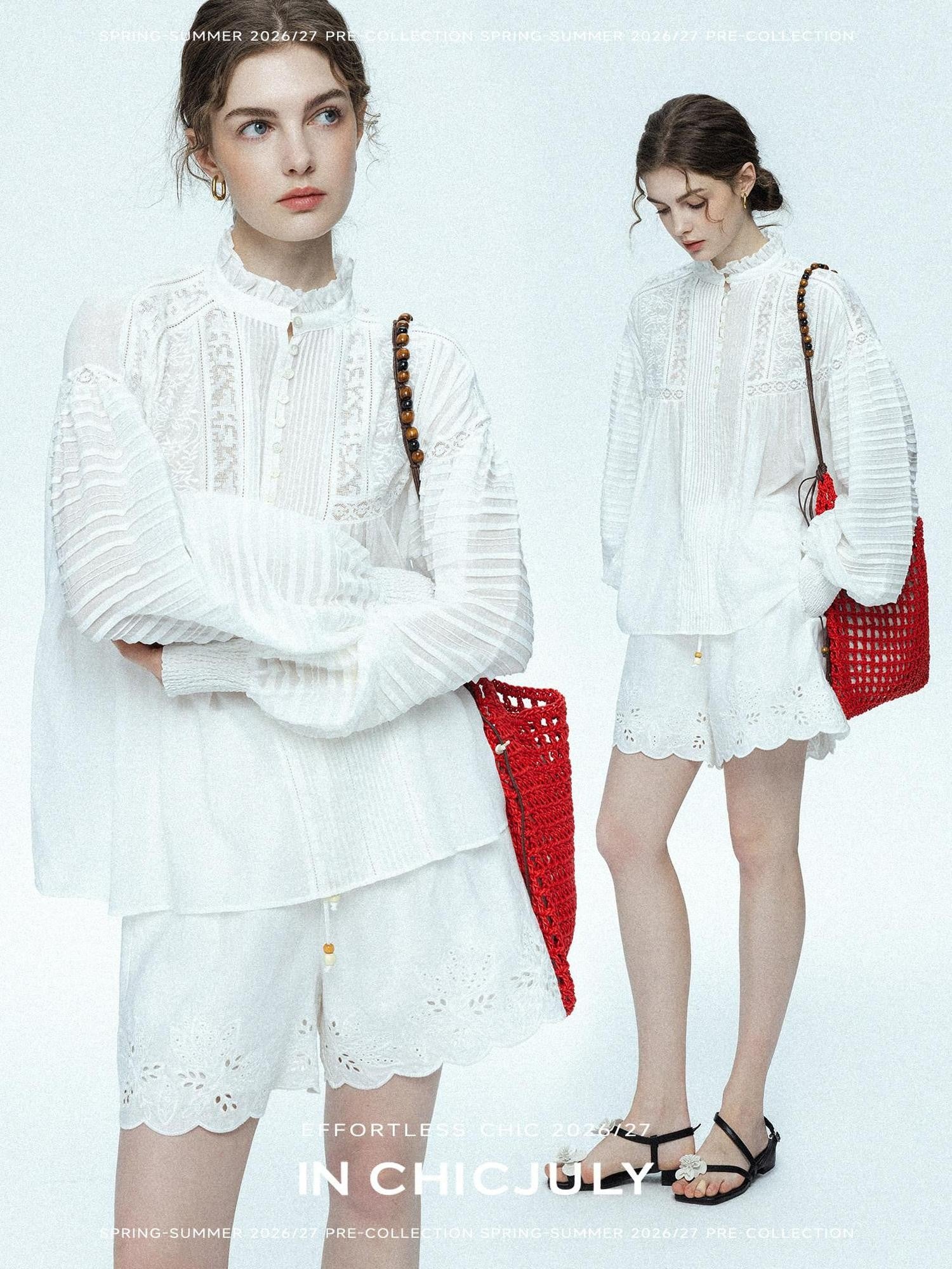 chicjuly Ivory Embroidered Lace Panel French Stand Collar Women's Lyocell Blouses