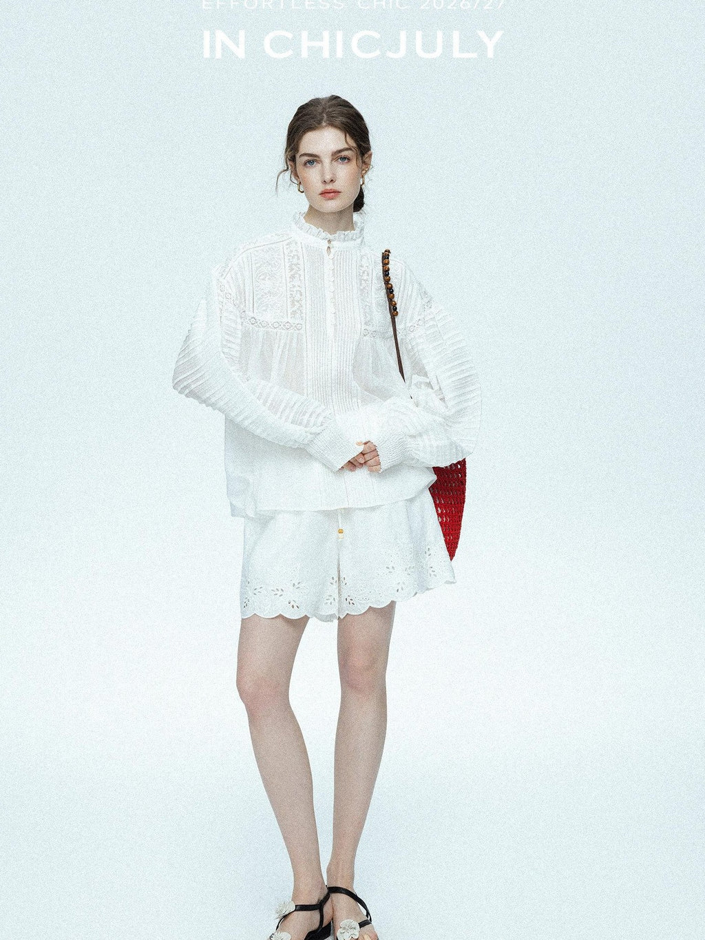 chicjuly Ivory Embroidered Lace Panel French Stand Collar Women's Lyocell Blouses