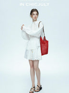 chicjuly Ivory Embroidered Lace Panel French Stand Collar Women's Lyocell Blouses