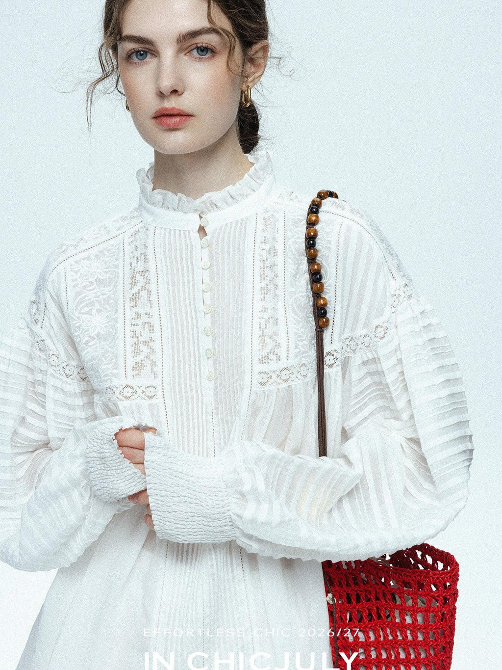 chicjuly Ivory Embroidered Lace Panel French Stand Collar Women's Lyocell Blouses