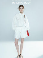 chicjuly Ivory Embroidered Lace Panel French Stand Collar Women's Lyocell Blouses