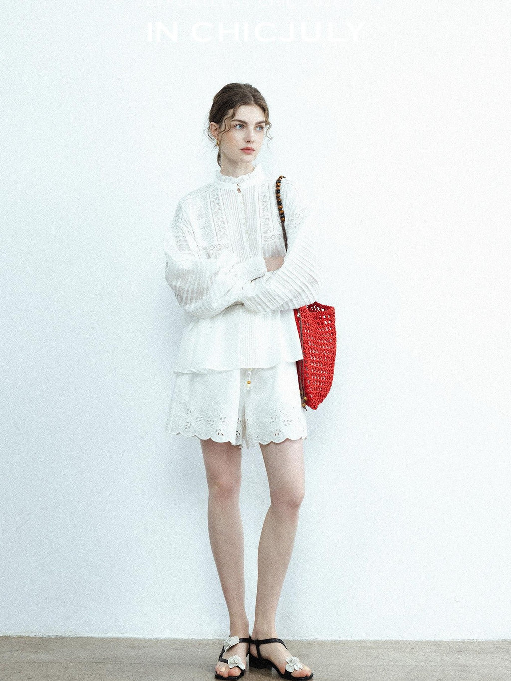 chicjuly Ivory Embroidered Lace Panel French Stand Collar Women's Lyocell Blouses