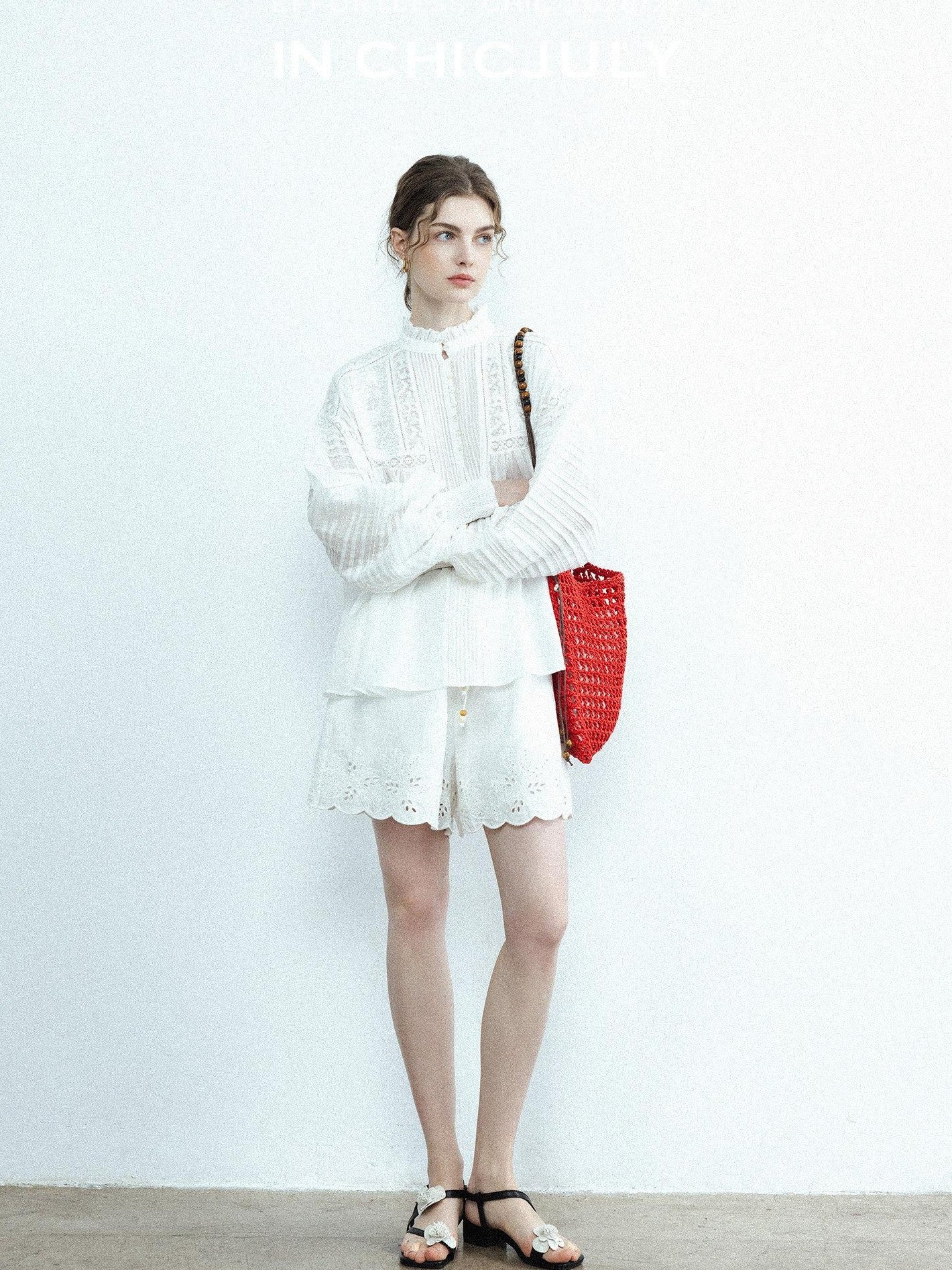 chicjuly Ivory Embroidered Lace Panel French Stand Collar Women's Lyocell Blouses