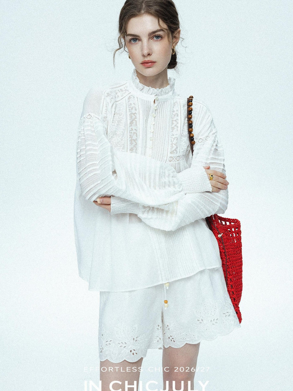 chicjuly Ivory Embroidered Lace Panel French Stand Collar Women's Lyocell Blouses