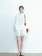 chicjuly Ivory Embroidered Lace Panel French Stand Collar Women's Lyocell Blouses