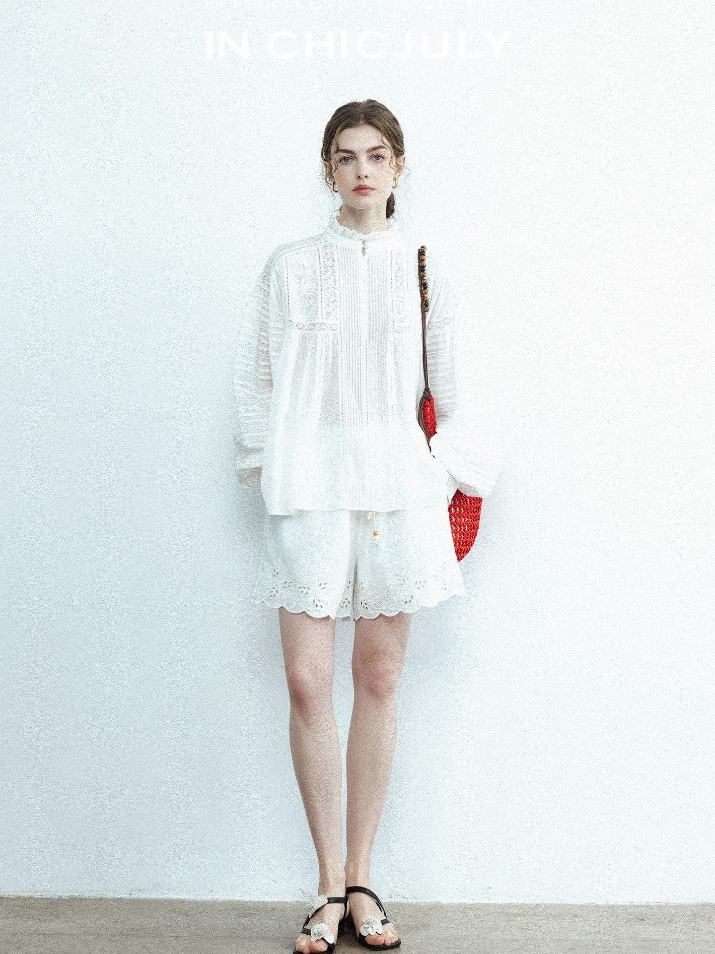 chicjuly Ivory Embroidered Lace Panel French Stand Collar Women's Lyocell Blouses