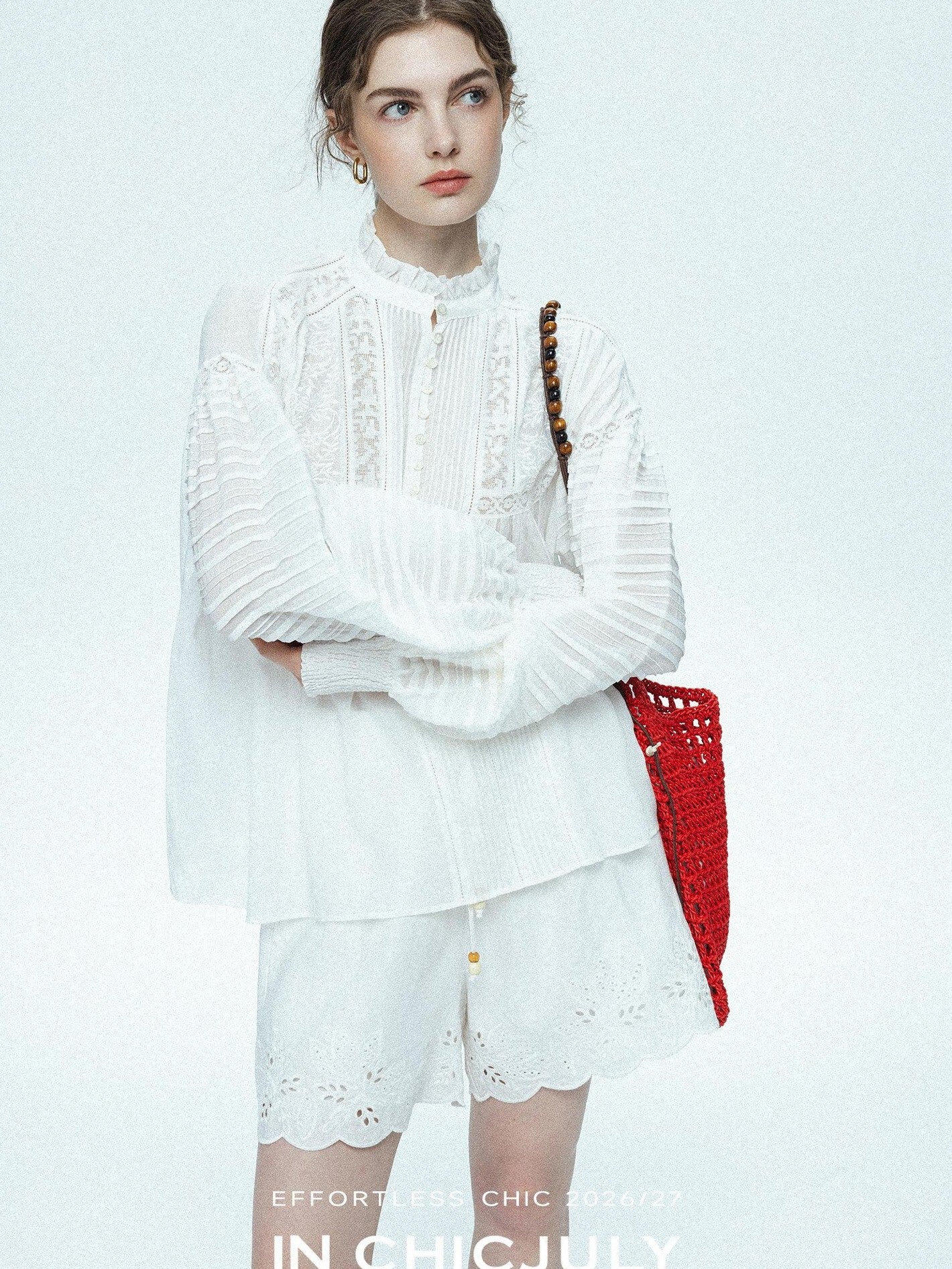 chicjuly Ivory Embroidered Lace Panel French Stand Collar Women's Lyocell Blouses