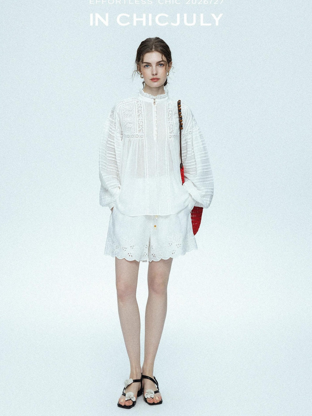 chicjuly Ivory Embroidered Lace Panel French Stand Collar Women's Lyocell Blouses
