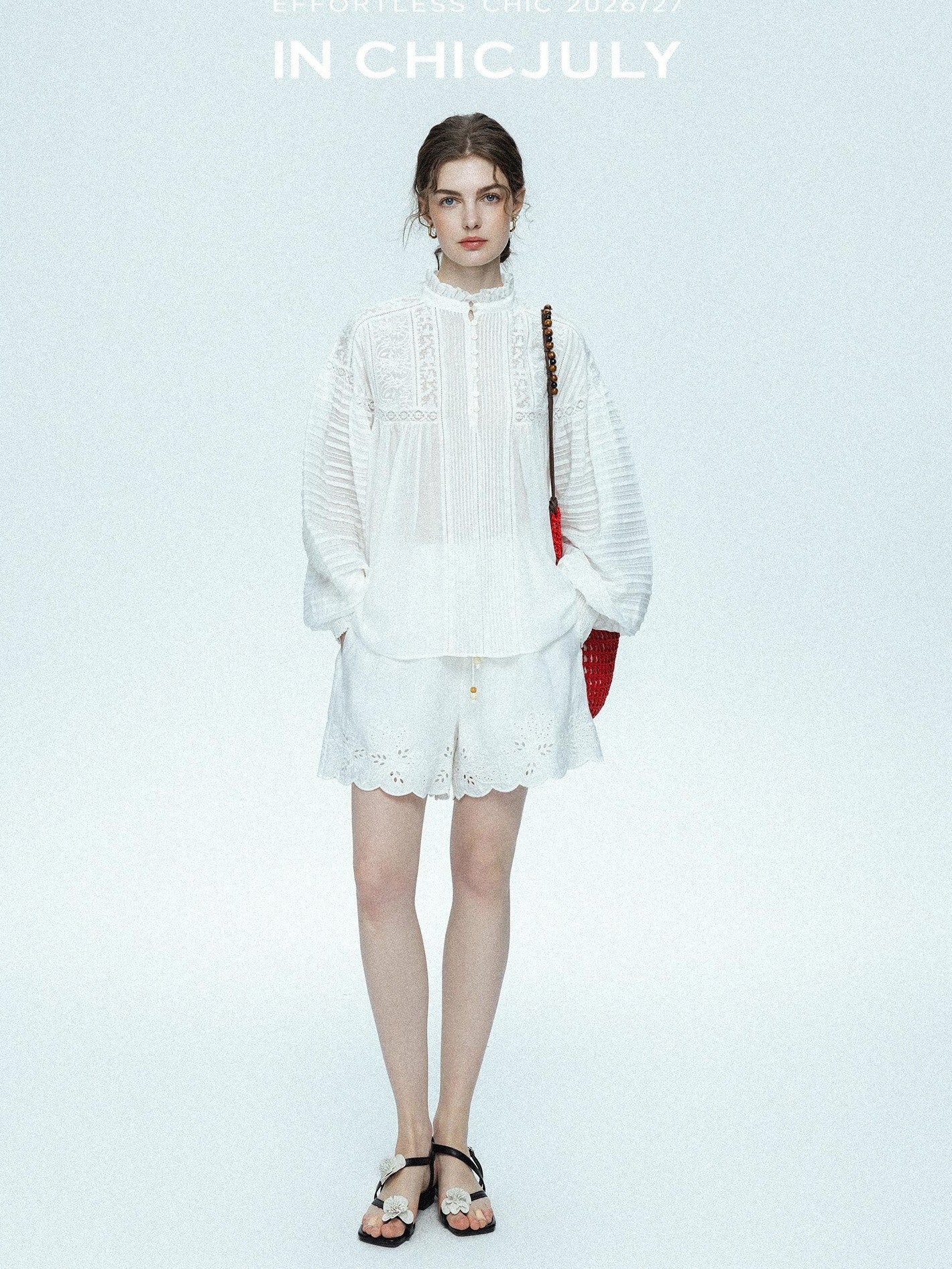 chicjuly Ivory Embroidered Lace Panel French Stand Collar Women's Lyocell Blouses