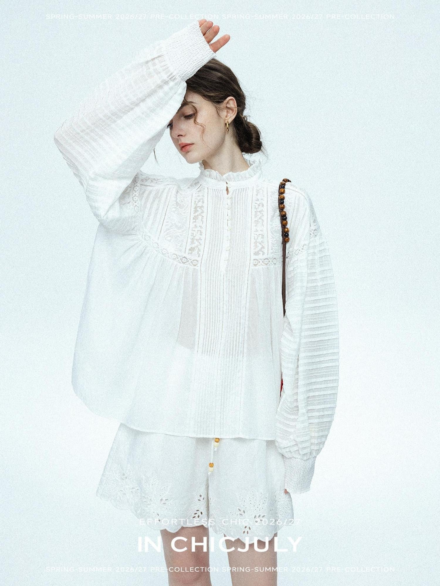 chicjuly Ivory Embroidered Lace Panel French Stand Collar Women's Lyocell Blouses