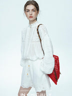 chicjuly Ivory Embroidered Lace Panel French Stand Collar Women's Lyocell Blouses
