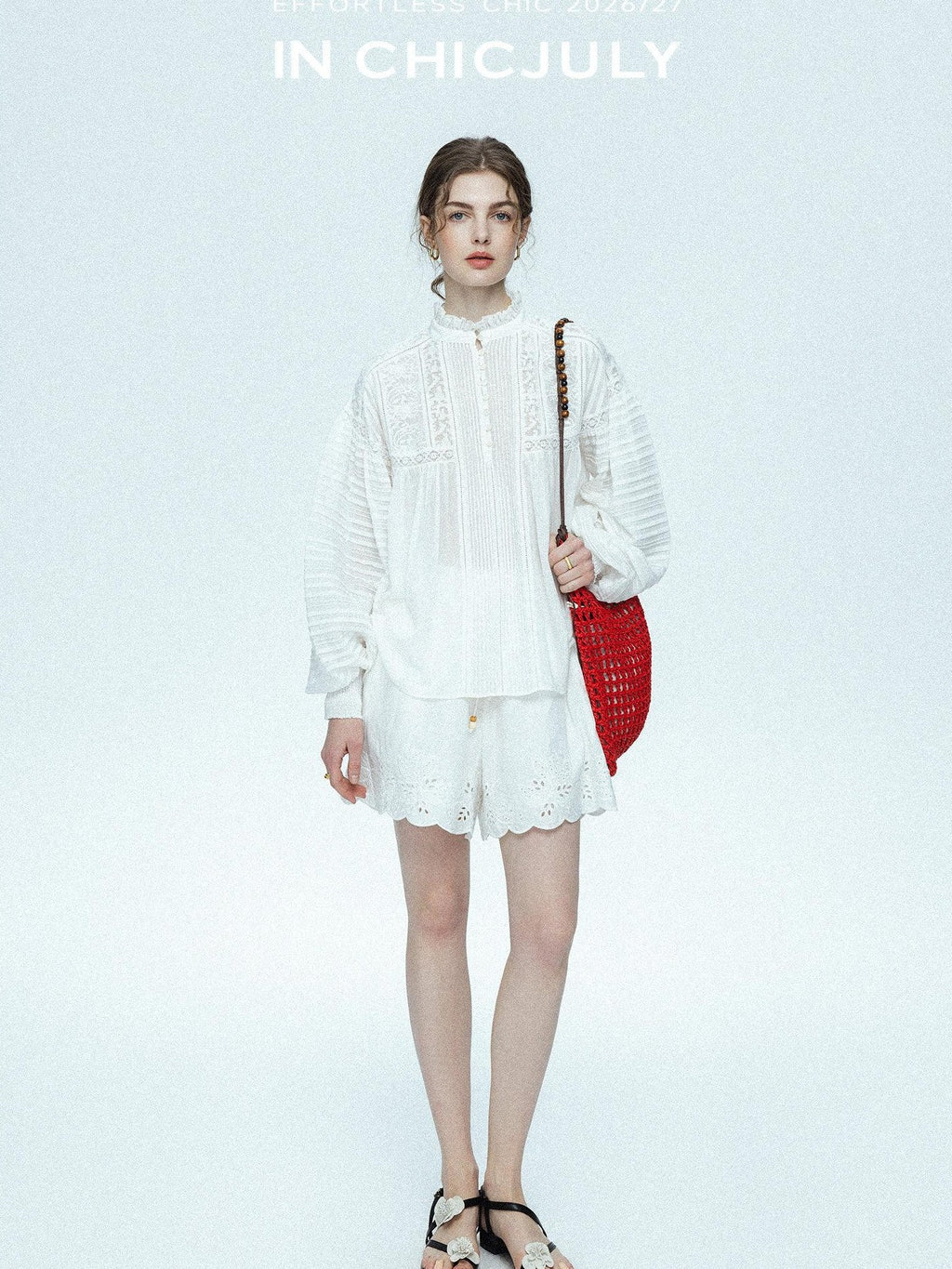 chicjuly Ivory Embroidered Lace Panel French Stand Collar Women's Lyocell Blouses