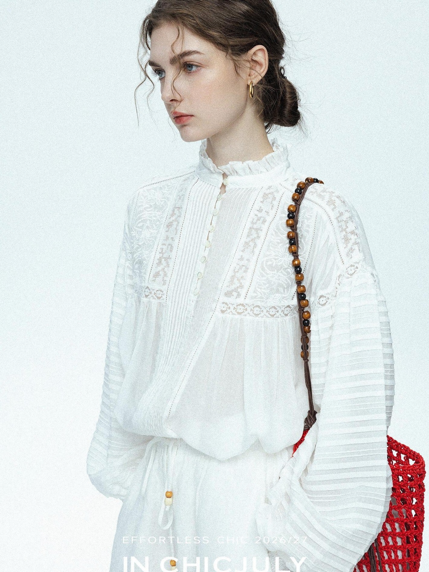 chicjuly Ivory Embroidered Lace Panel French Stand Collar Women's Lyocell Blouses