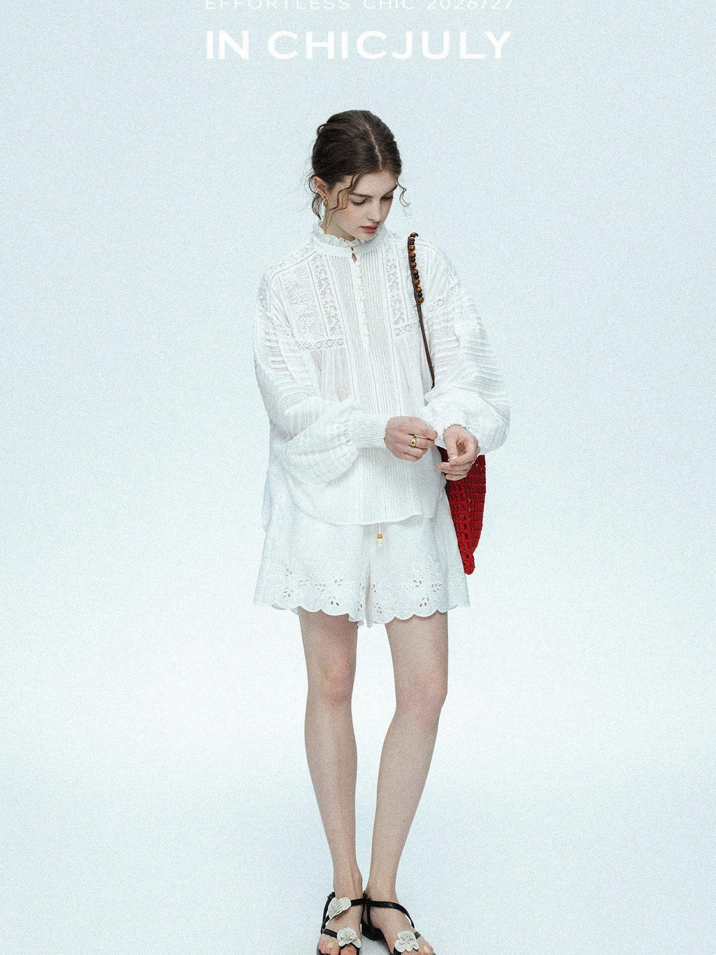 chicjuly Ivory Embroidered Lace Panel French Stand Collar Women's Lyocell Blouses