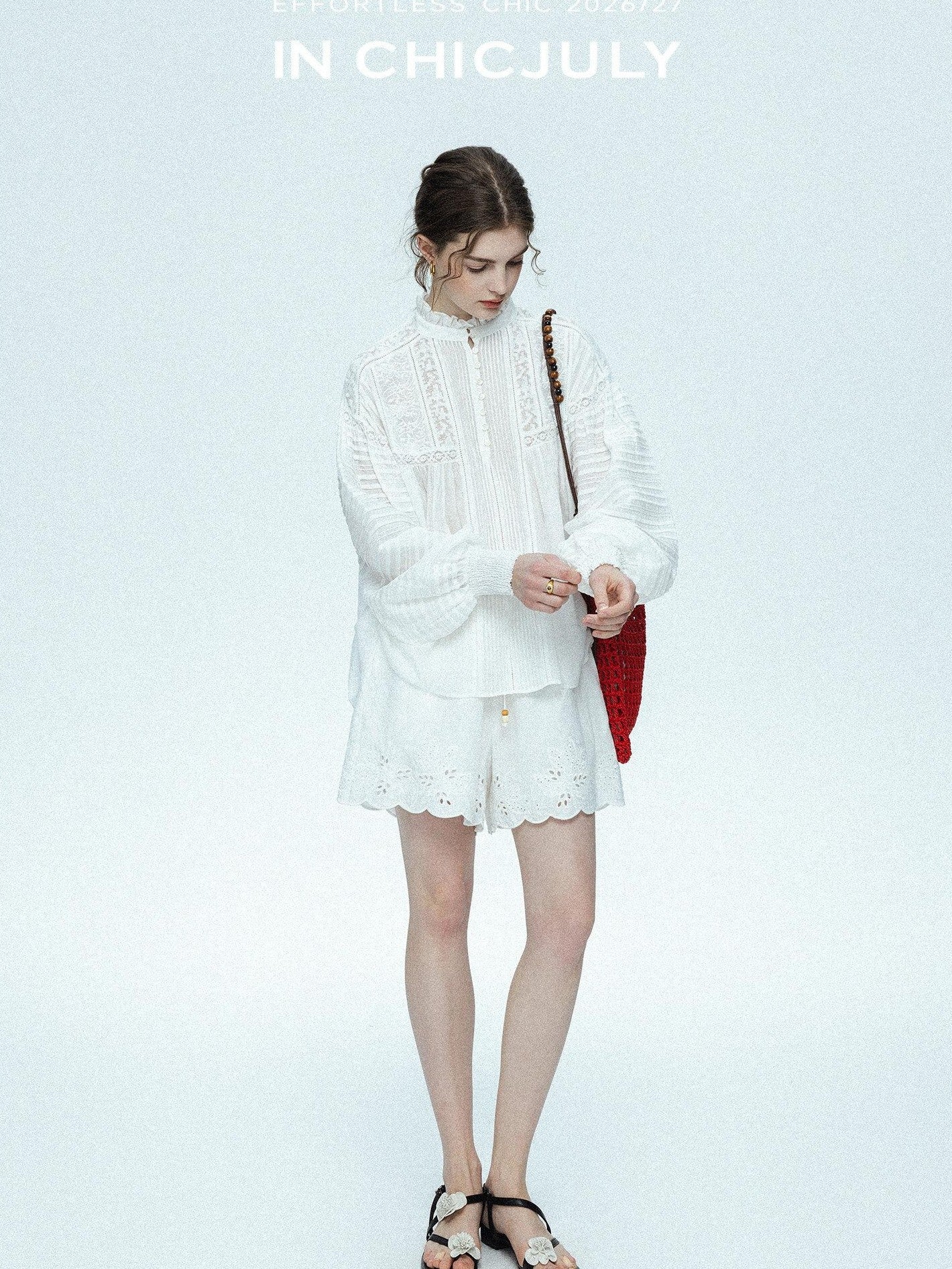 chicjuly Ivory Embroidered Lace Panel French Stand Collar Women's Lyocell Blouses